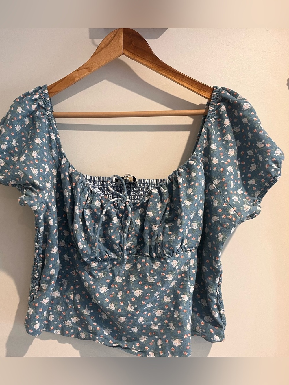 Lucky Brand + Laura Ashley Blue Floral Printed Linen Blend Corset Smocked Top XL